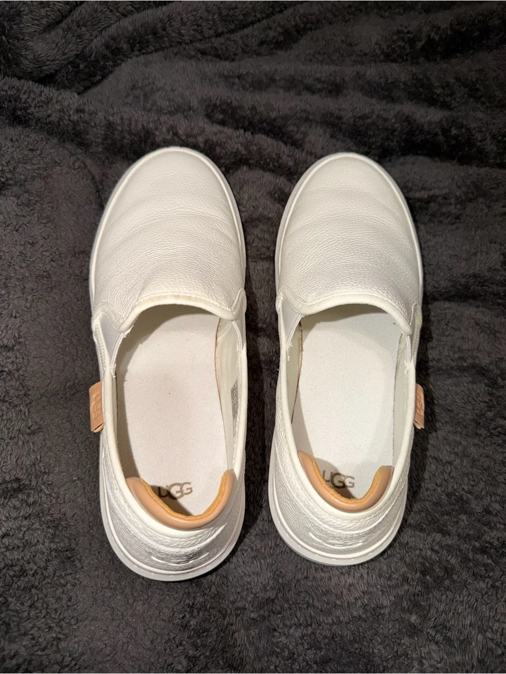 UGG Women's White Slip-On Leather Loafers with Tan Heel Tab